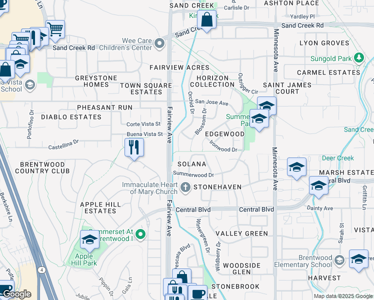 map of restaurants, bars, coffee shops, grocery stores, and more near 851 Blossom Court in Brentwood