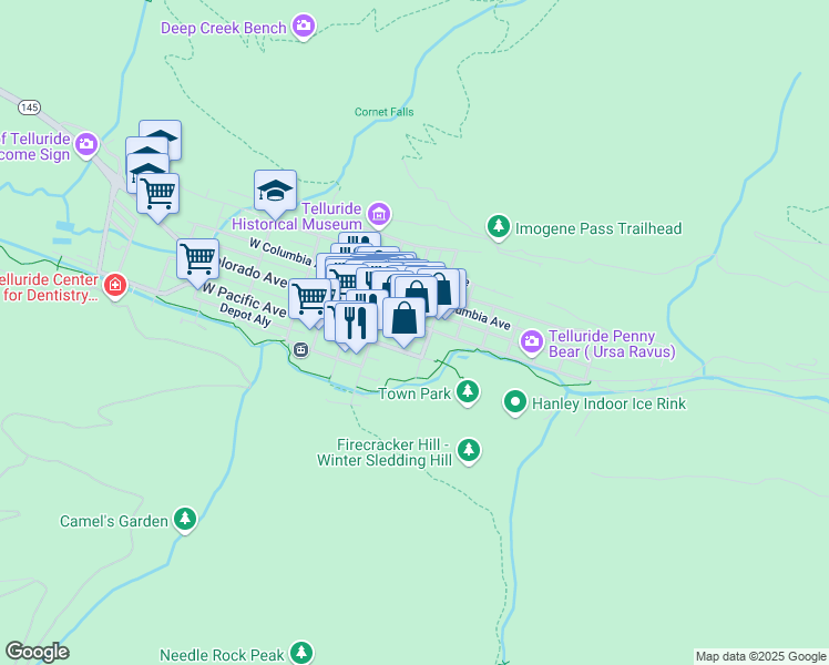 map of restaurants, bars, coffee shops, grocery stores, and more near 220 East Colorado Avenue in Telluride