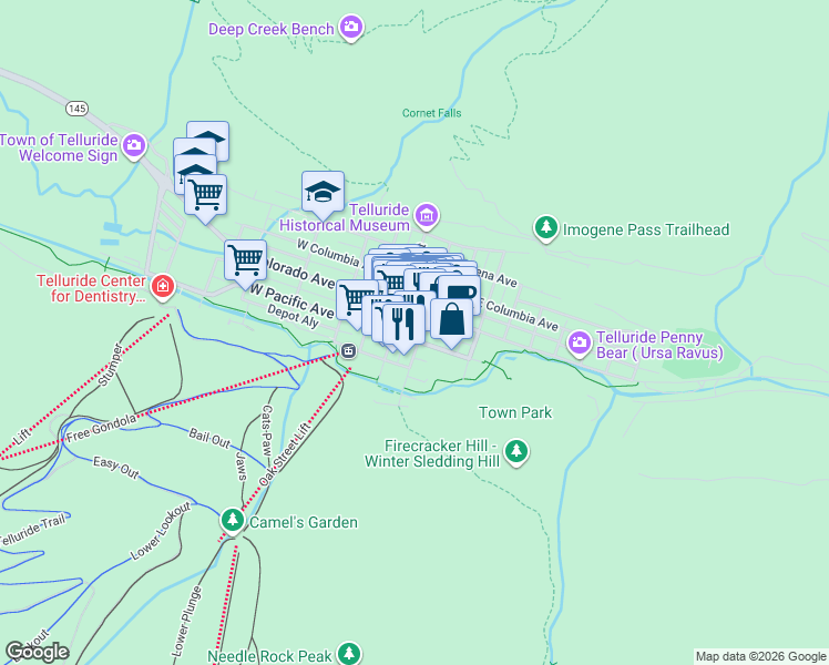 map of restaurants, bars, coffee shops, grocery stores, and more near 120 South Pine Street in Telluride