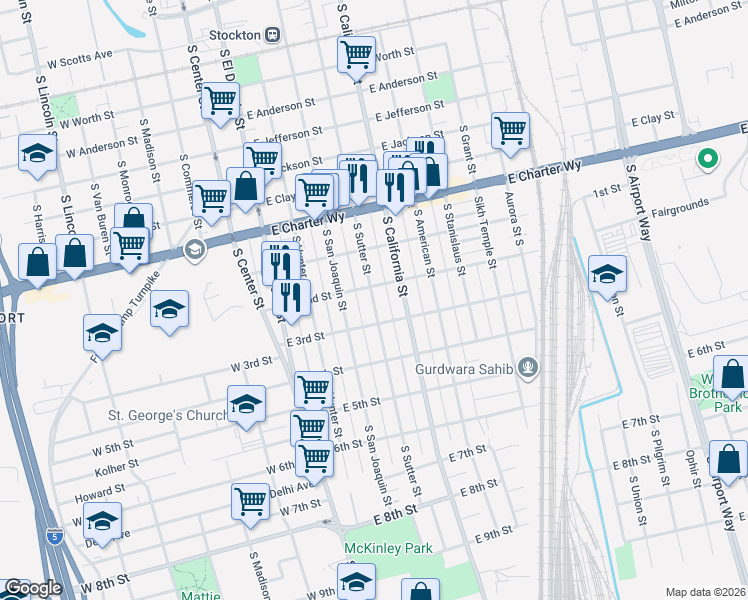 map of restaurants, bars, coffee shops, grocery stores, and more near 1632 South Sutter Street in Stockton
