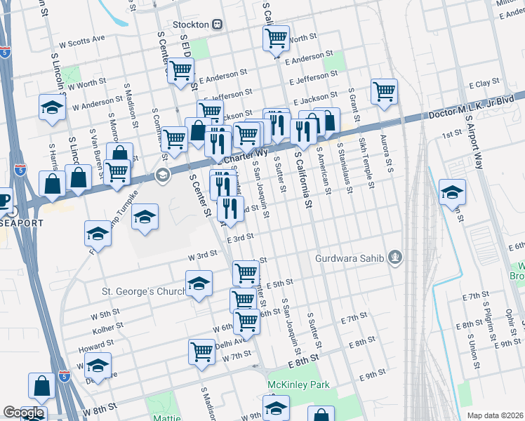 map of restaurants, bars, coffee shops, grocery stores, and more near 1614 South San Joaquin Street in Stockton