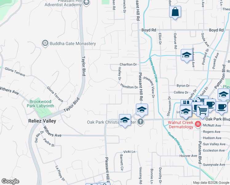 map of restaurants, bars, coffee shops, grocery stores, and more near 407 Lenox Court in Pleasant Hill