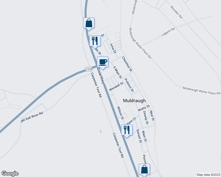 map of restaurants, bars, coffee shops, grocery stores, and more near Wendell Street in Muldraugh