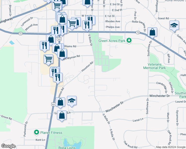 map of restaurants, bars, coffee shops, grocery stores, and more near 652 South Rolla Street in Rolla