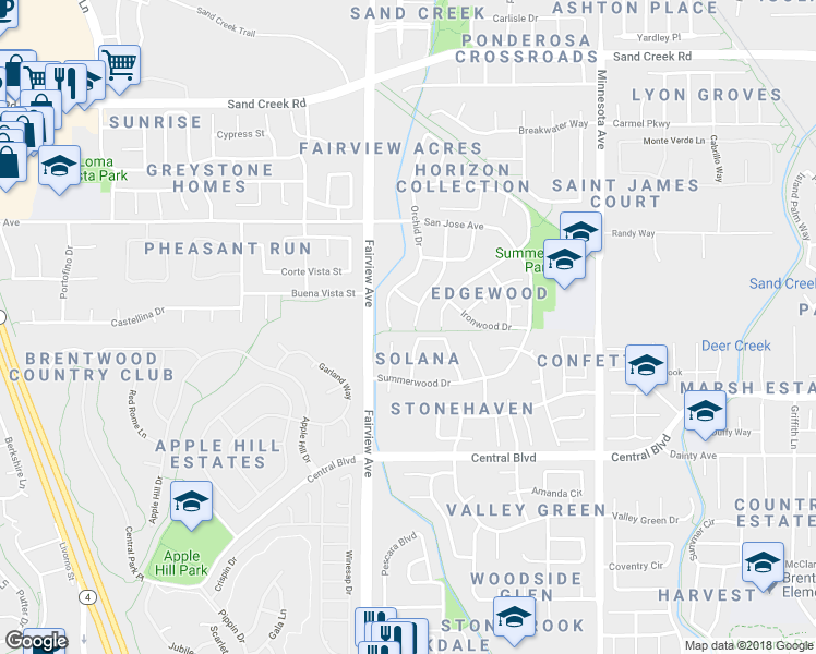 map of restaurants, bars, coffee shops, grocery stores, and more near 851 Blossom Court in Brentwood