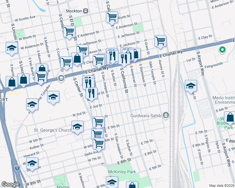 map of restaurants, bars, coffee shops, grocery stores, and more near 1632 South Sutter Street in Stockton