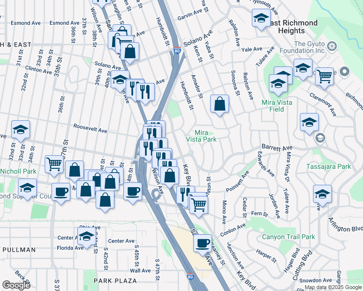 map of restaurants, bars, coffee shops, grocery stores, and more near 536 Key Boulevard in Richmond
