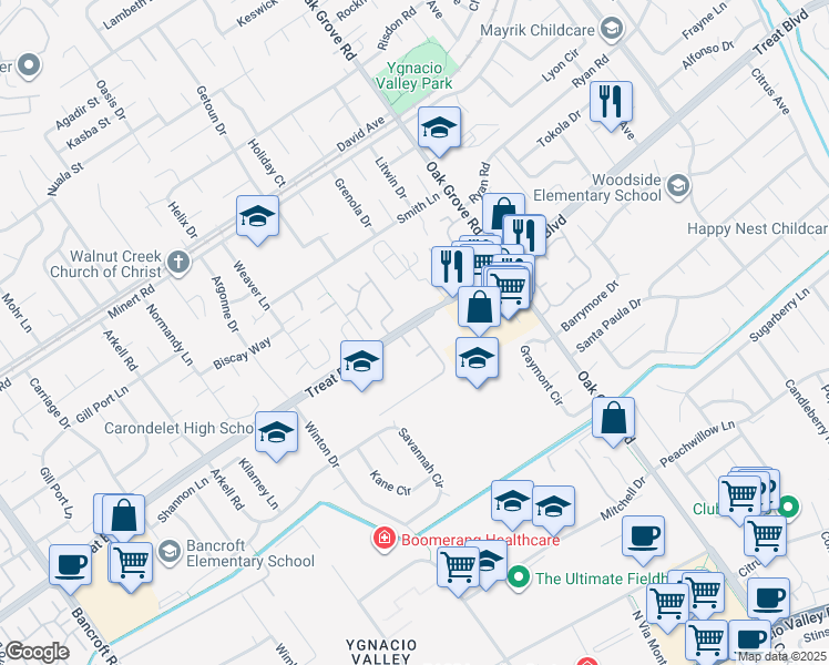 map of restaurants, bars, coffee shops, grocery stores, and more near 2890 Treat Boulevard in Concord