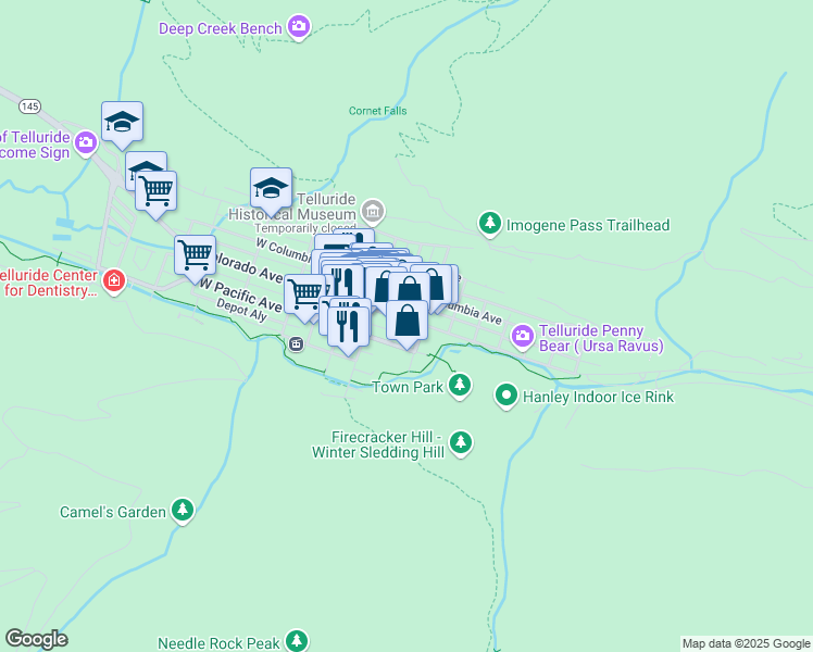 map of restaurants, bars, coffee shops, grocery stores, and more near 220 East Colorado Avenue in Telluride
