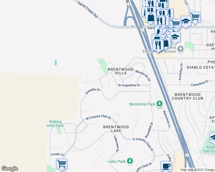 map of restaurants, bars, coffee shops, grocery stores, and more near 625 Eastwood Court in Brentwood