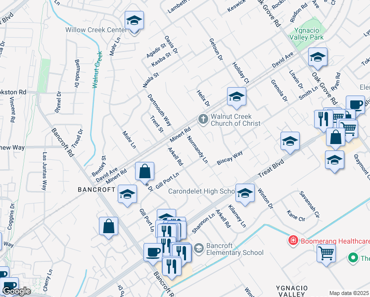 map of restaurants, bars, coffee shops, grocery stores, and more near 55 Normandy Lane in Walnut Creek