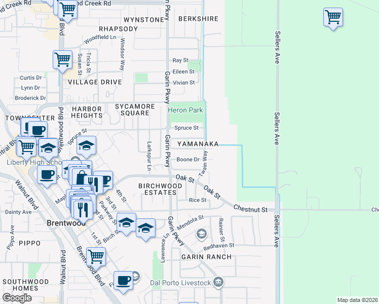 map of restaurants, bars, coffee shops, grocery stores, and more near 900 Sawyer Way in Brentwood