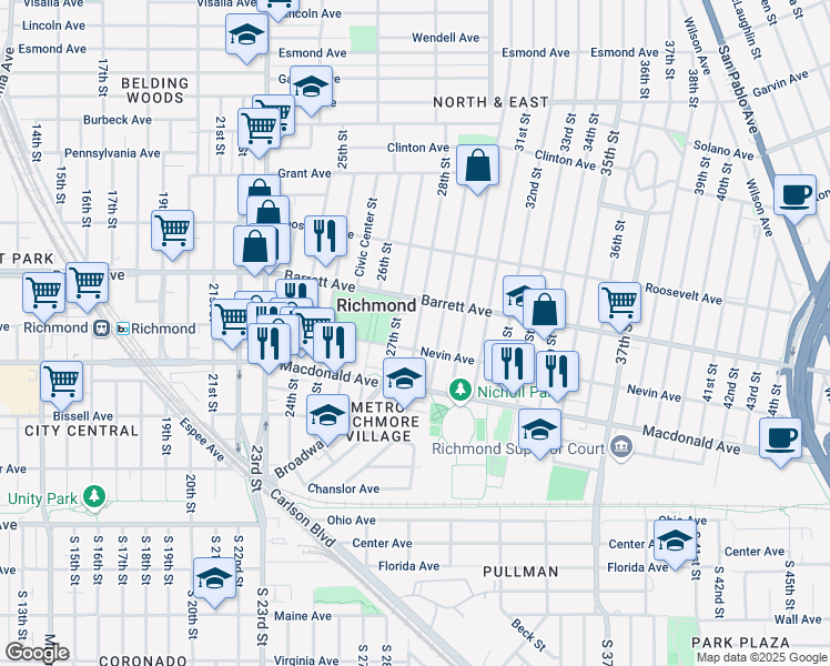 map of restaurants, bars, coffee shops, grocery stores, and more near 423 28th Street in Richmond