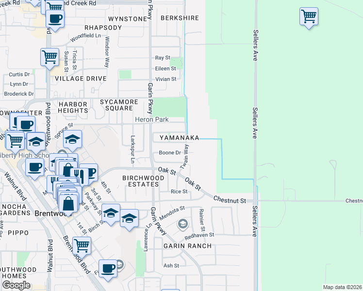 map of restaurants, bars, coffee shops, grocery stores, and more near 936 Sawyer Way in Brentwood
