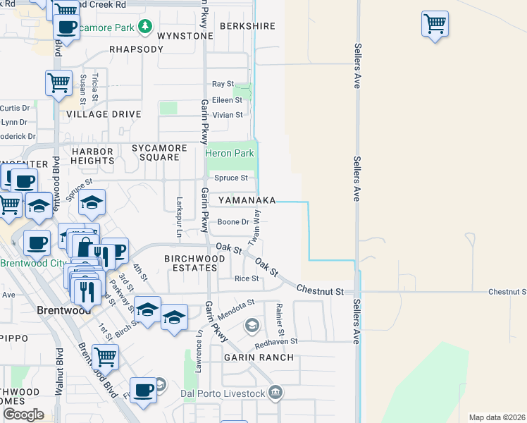map of restaurants, bars, coffee shops, grocery stores, and more near 948 Sawyer Court in Brentwood