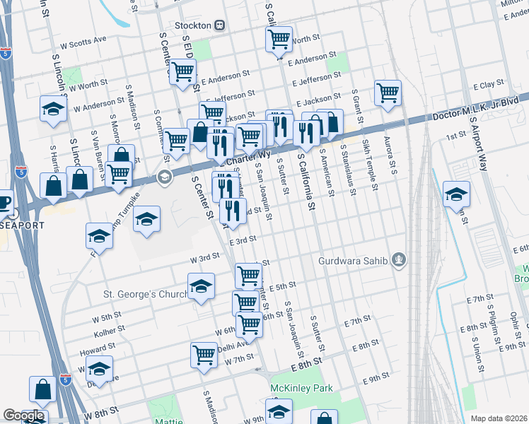 map of restaurants, bars, coffee shops, grocery stores, and more near 1614 South San Joaquin Street in Stockton