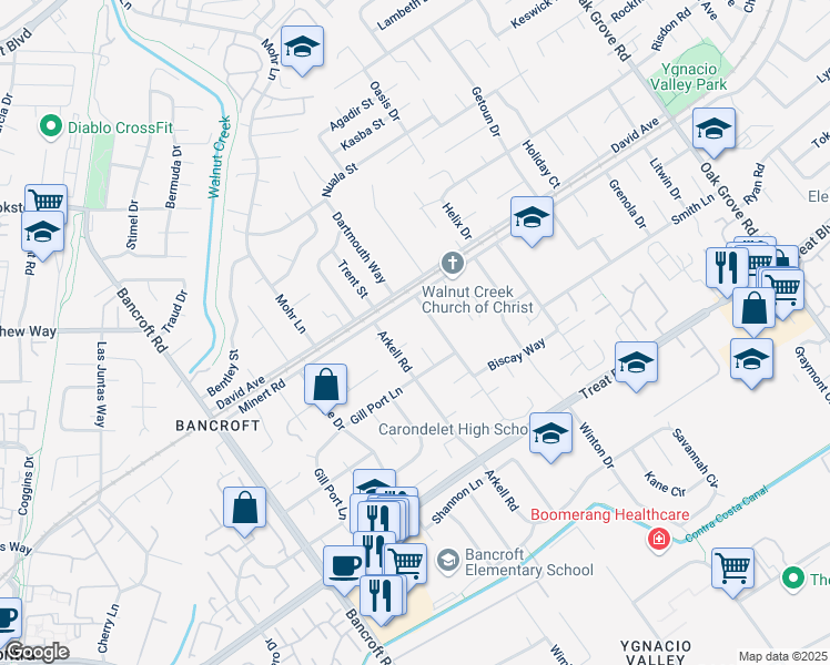 map of restaurants, bars, coffee shops, grocery stores, and more near 55 Normandy Lane in Walnut Creek