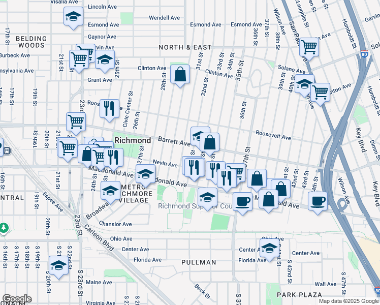 map of restaurants, bars, coffee shops, grocery stores, and more near 455 32nd Street in Richmond