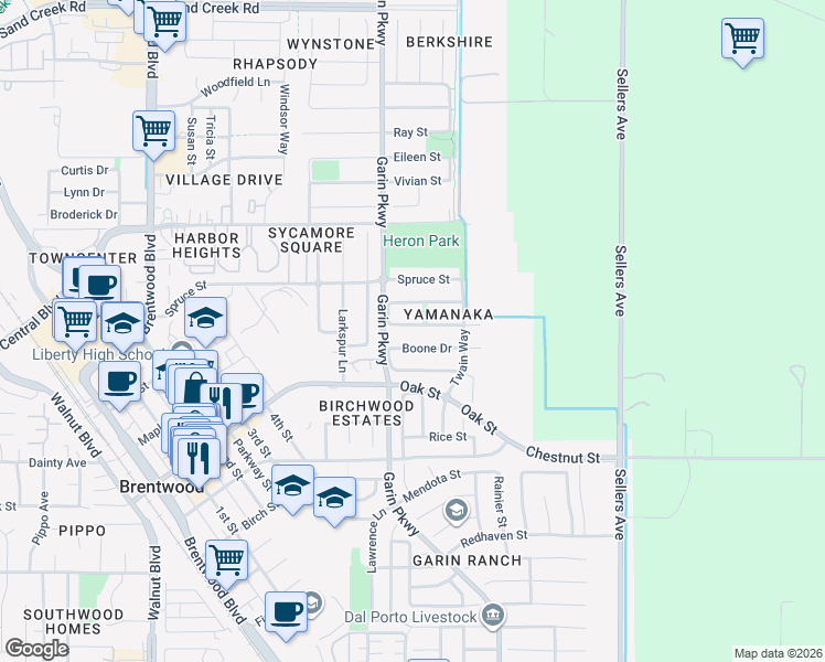 map of restaurants, bars, coffee shops, grocery stores, and more near 900 Sawyer Way in Brentwood