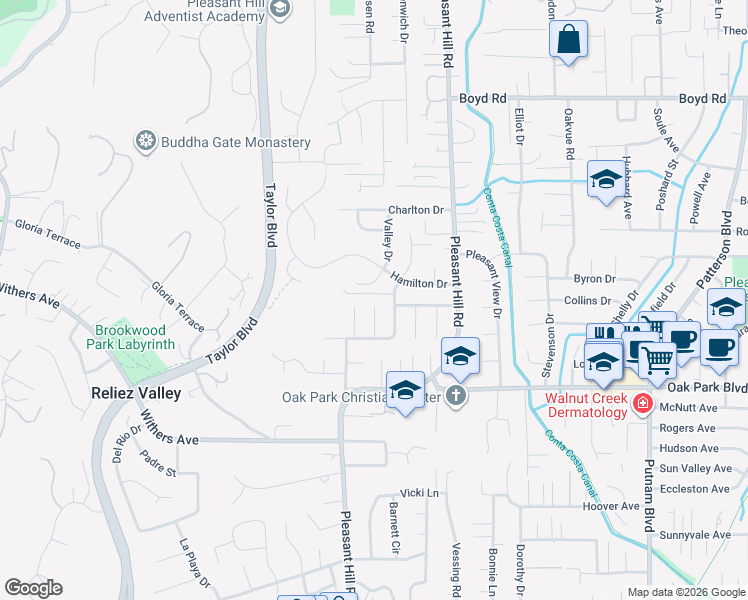 map of restaurants, bars, coffee shops, grocery stores, and more near 407 Lenox Court in Pleasant Hill