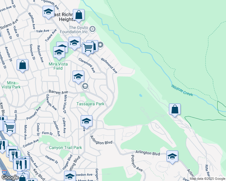 map of restaurants, bars, coffee shops, grocery stores, and more near 2709 Del Monte Avenue in El Cerrito
