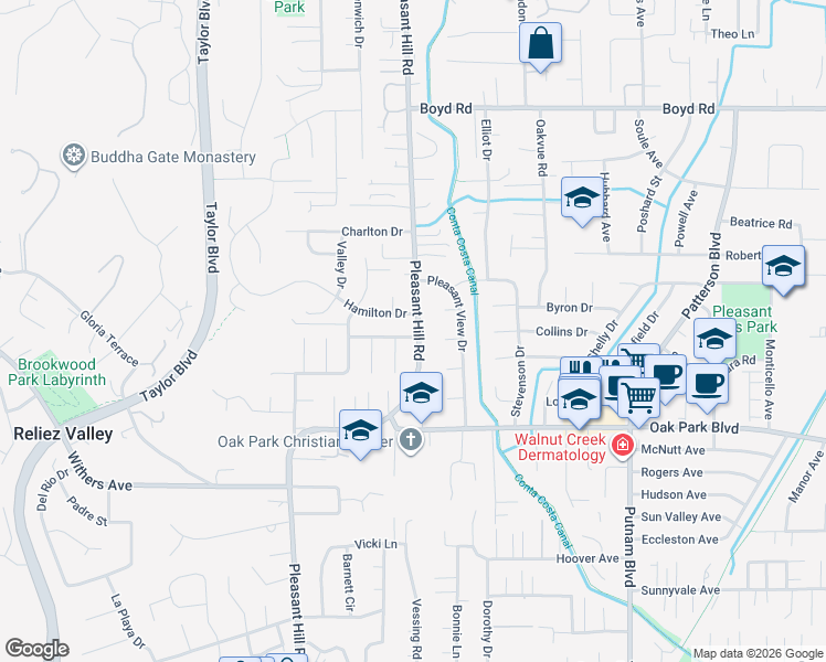 map of restaurants, bars, coffee shops, grocery stores, and more near 700 Cumberland Dr in Pleasant Hill