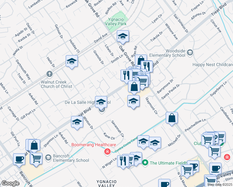 map of restaurants, bars, coffee shops, grocery stores, and more near 2890 Treat Boulevard in Concord