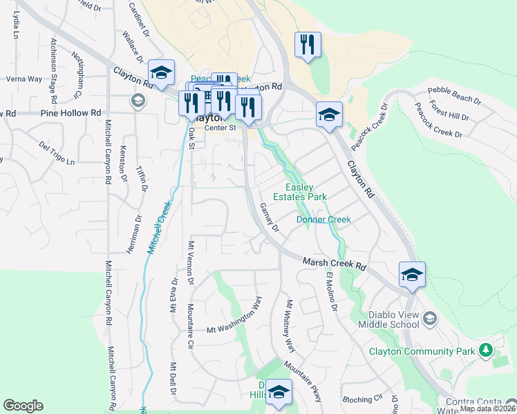 map of restaurants, bars, coffee shops, grocery stores, and more near 1199 Gamay Drive in Clayton