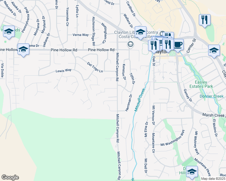 map of restaurants, bars, coffee shops, grocery stores, and more near 5842 Mitchell Canyon Court in Clayton