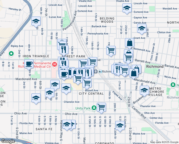 map of restaurants, bars, coffee shops, grocery stores, and more near 1506 Nevin Plaza in Richmond