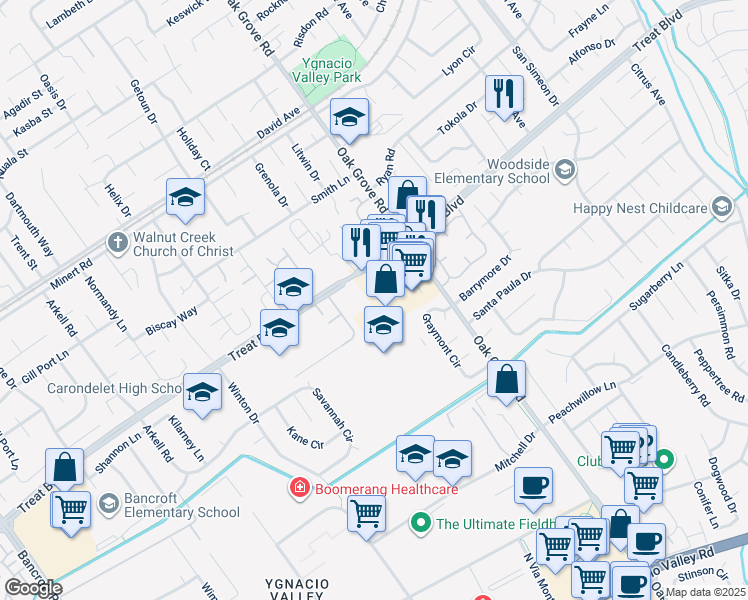 map of restaurants, bars, coffee shops, grocery stores, and more near 2958 Treat Boulevard in Concord