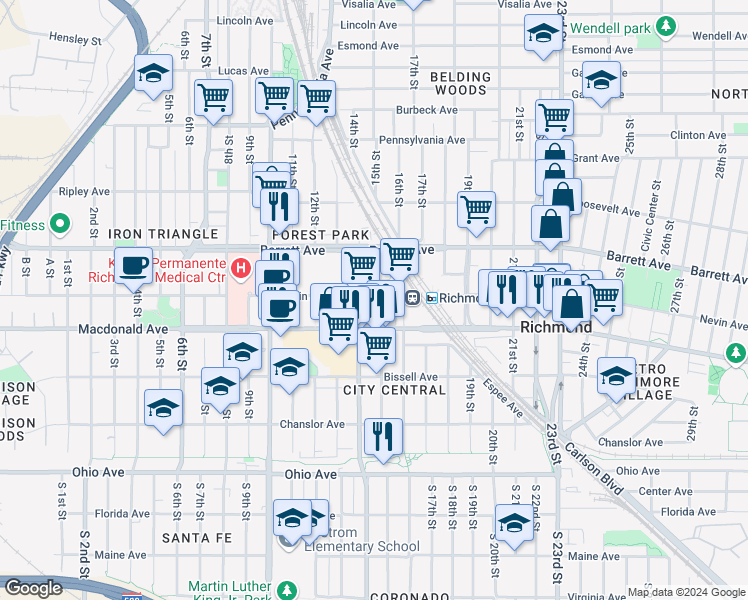 map of restaurants, bars, coffee shops, grocery stores, and more near 1414 Nevin Plaza in Richmond