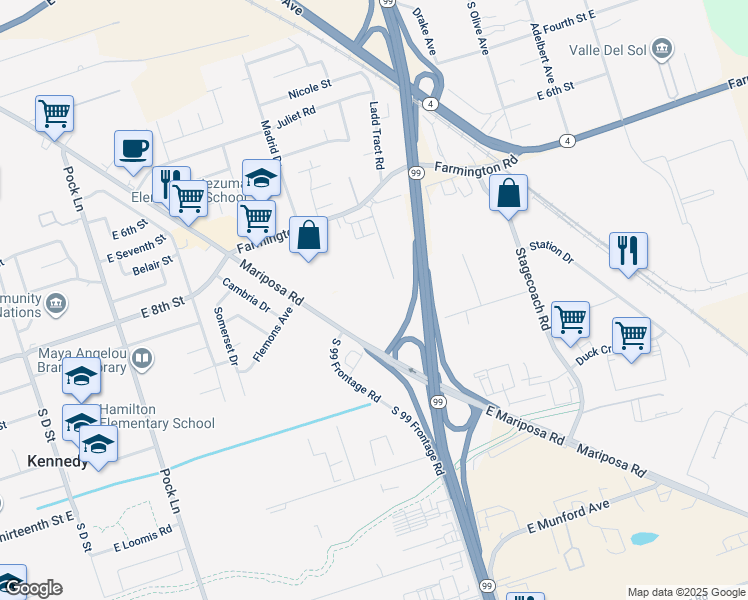 map of restaurants, bars, coffee shops, grocery stores, and more near 2570 East Mariposa Road in Stockton