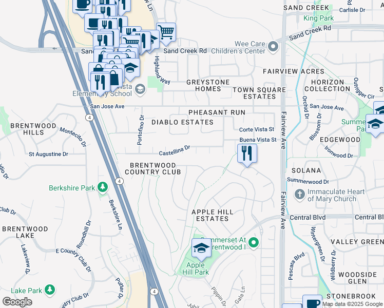 map of restaurants, bars, coffee shops, grocery stores, and more near 843 Vernazze Court in Brentwood