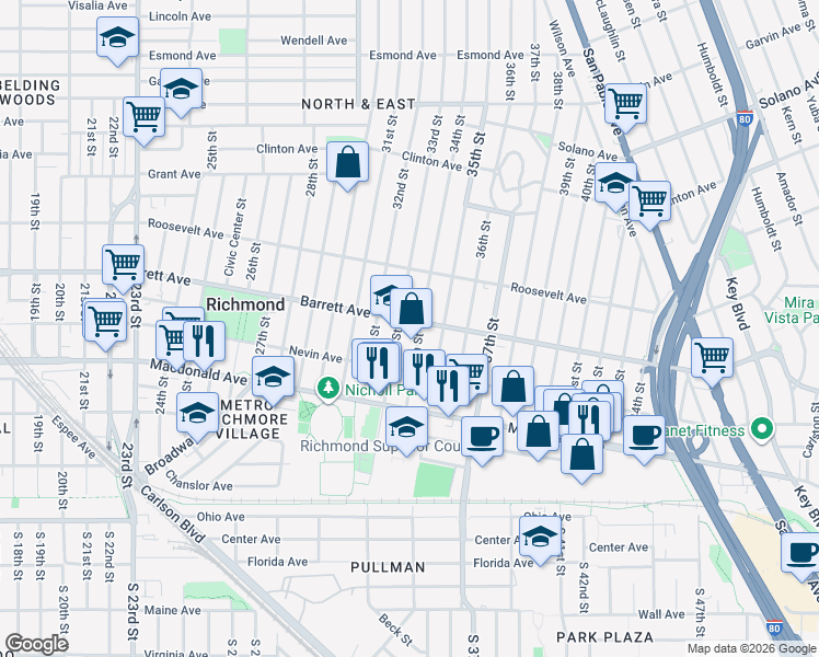 map of restaurants, bars, coffee shops, grocery stores, and more near 3320 Barrett Avenue in Richmond