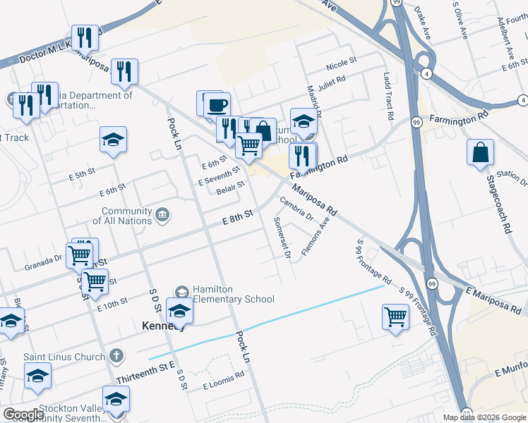 map of restaurants, bars, coffee shops, grocery stores, and more near 2206 Nightingale Avenue in Stockton