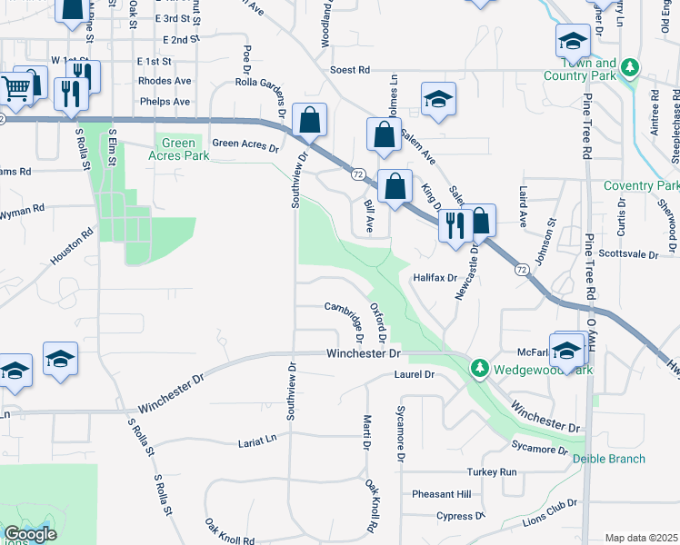 map of restaurants, bars, coffee shops, grocery stores, and more near 811 Oxford Drive in Rolla