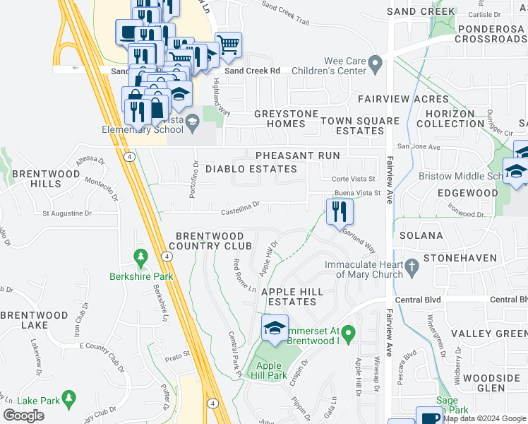 map of restaurants, bars, coffee shops, grocery stores, and more near 843 Vernazze Court in Brentwood