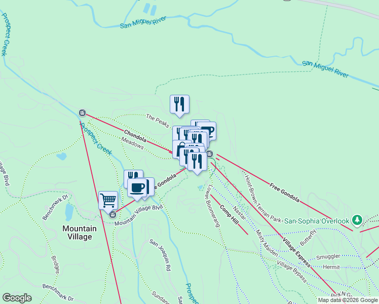 map of restaurants, bars, coffee shops, grocery stores, and more near 565 Mountain Village Boulevard in Mountain Village