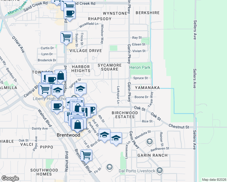 map of restaurants, bars, coffee shops, grocery stores, and more near 801 Prarie Rose Way in Brentwood