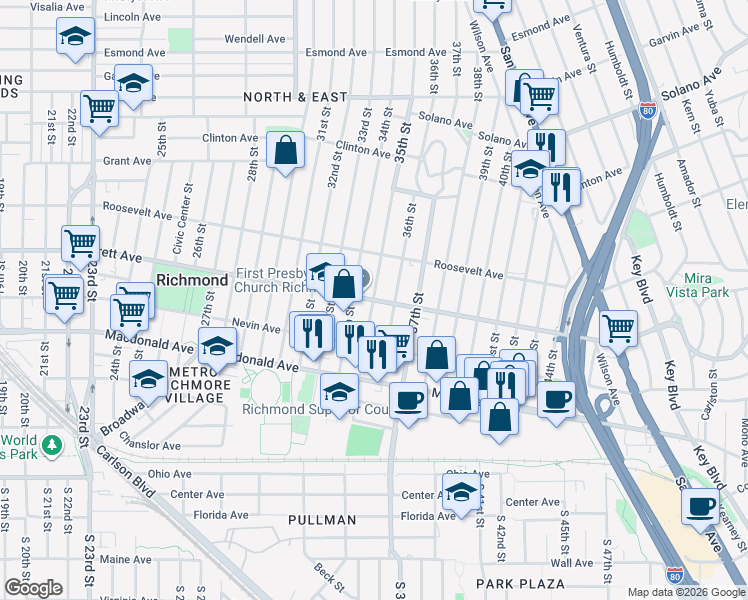 map of restaurants, bars, coffee shops, grocery stores, and more near Barrett Ave & 35th St in Richmond