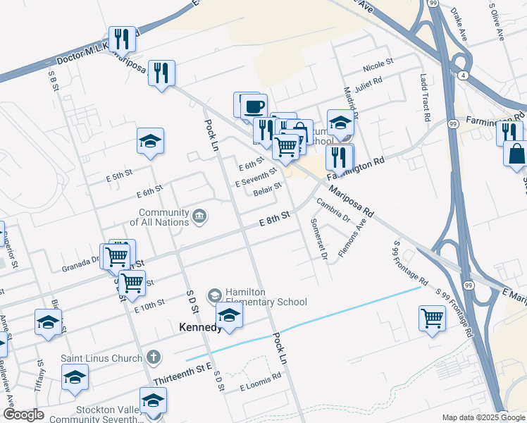 map of restaurants, bars, coffee shops, grocery stores, and more near 2433 East 8th Street in Stockton