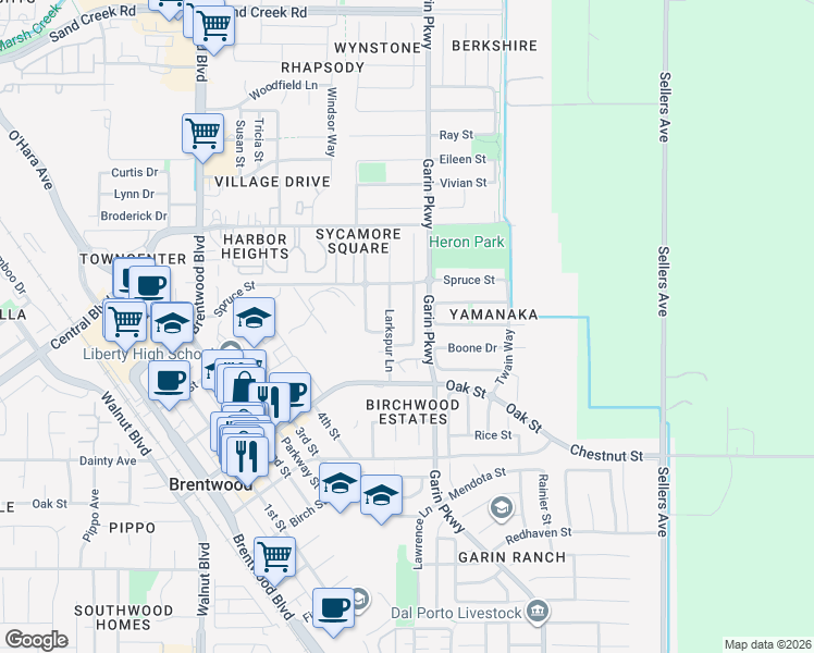 map of restaurants, bars, coffee shops, grocery stores, and more near 907 Snapdragon Way in Brentwood