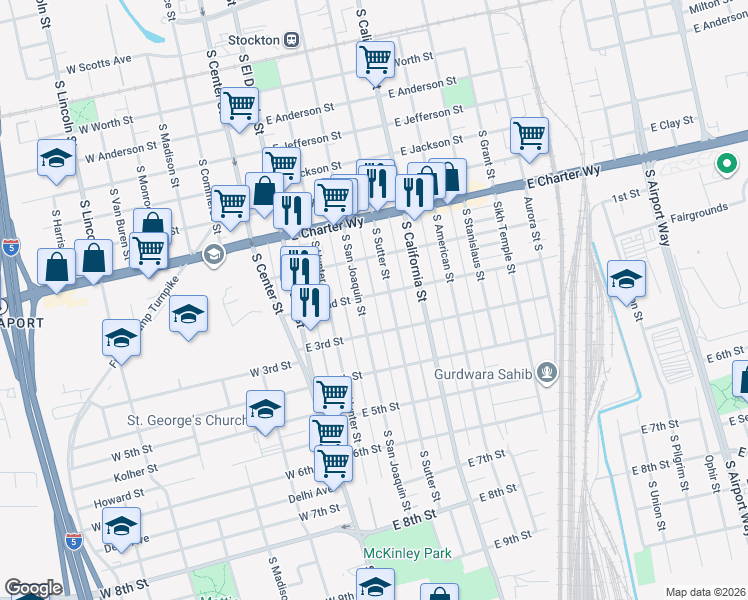 map of restaurants, bars, coffee shops, grocery stores, and more near 1614 South San Joaquin Street in Stockton