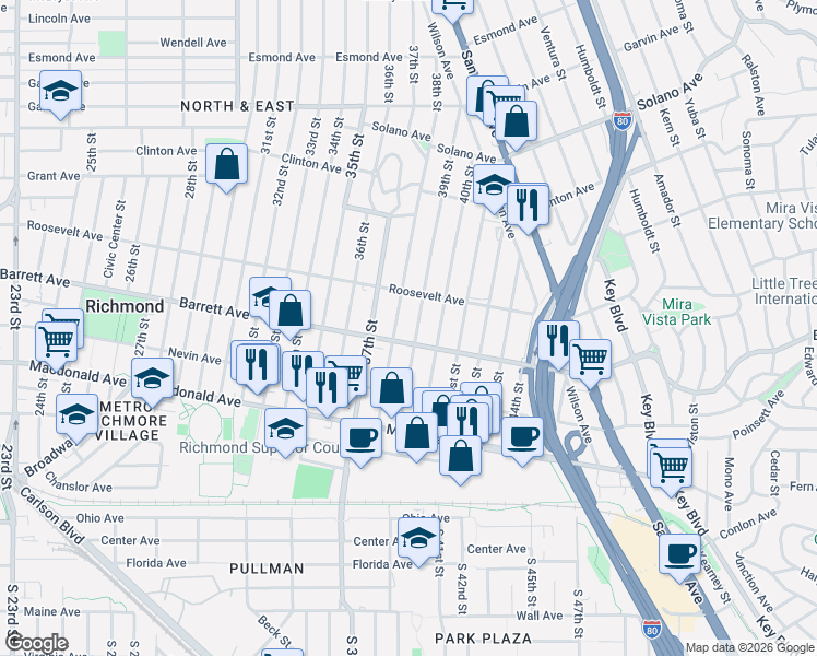 map of restaurants, bars, coffee shops, grocery stores, and more near 500 38th Street in Richmond