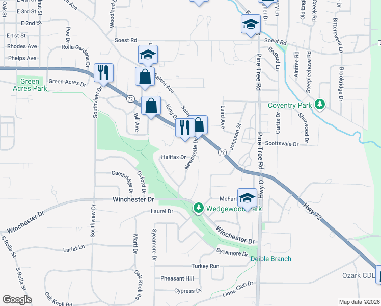map of restaurants, bars, coffee shops, grocery stores, and more near 599 Newcastle Court in Rolla