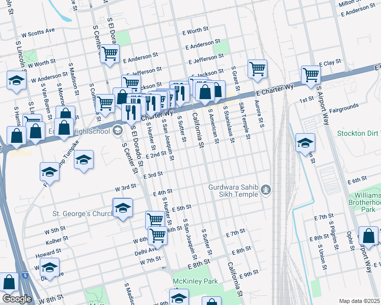 map of restaurants, bars, coffee shops, grocery stores, and more near 1612 South Sutter Street in Stockton