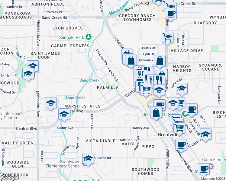 map of restaurants, bars, coffee shops, grocery stores, and more near 306 Pacifica Drive in Brentwood