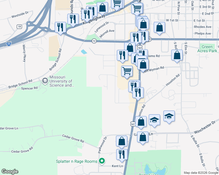 map of restaurants, bars, coffee shops, grocery stores, and more near 615 Penny Lane in Rolla
