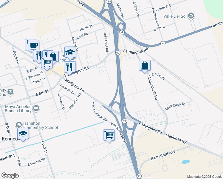 map of restaurants, bars, coffee shops, grocery stores, and more near 2260 South Netherton Avenue in Stockton